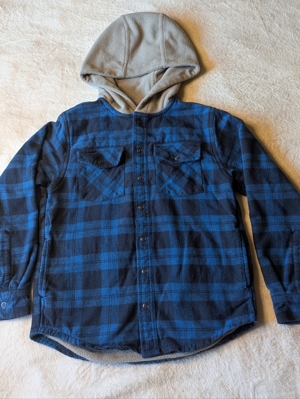 L.L. Bean Blue and Black Plaid Hooded Button-Down Shirt